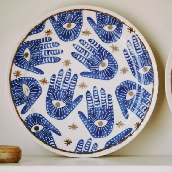 By Anthropologie Other - by ANTHROPOLOGIE I Insight Stoneware Plate Hamsa Blue Gold Hand Eye Pattern